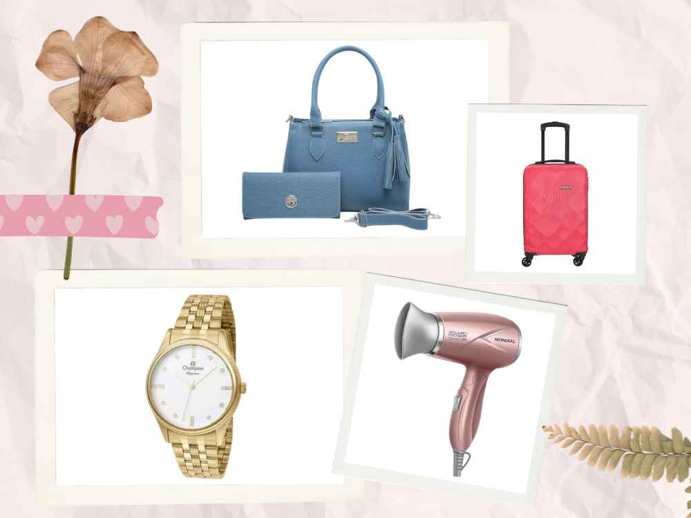 bolsa feminina azul, mala de viagem rosa, relógio dourado e secador de cabelo cor rose