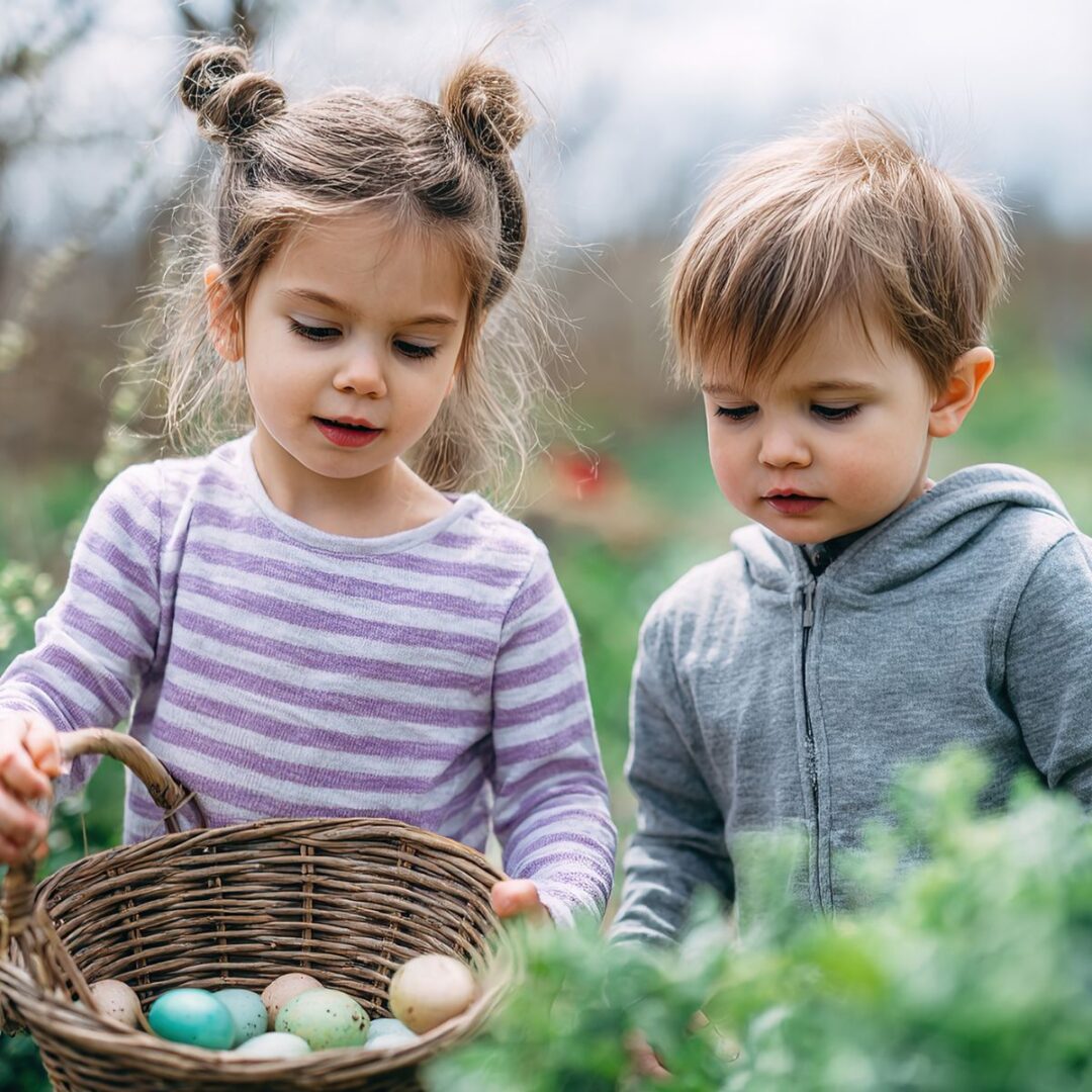 crianças com cesta cheia de ovos de páscoa