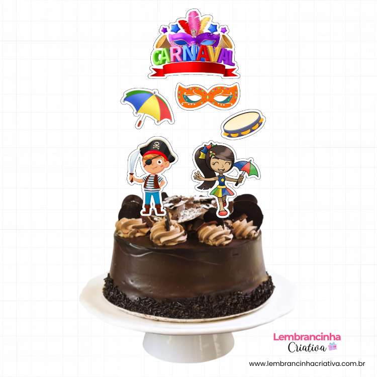 bolo de chocolate com topo de bolo carnaval