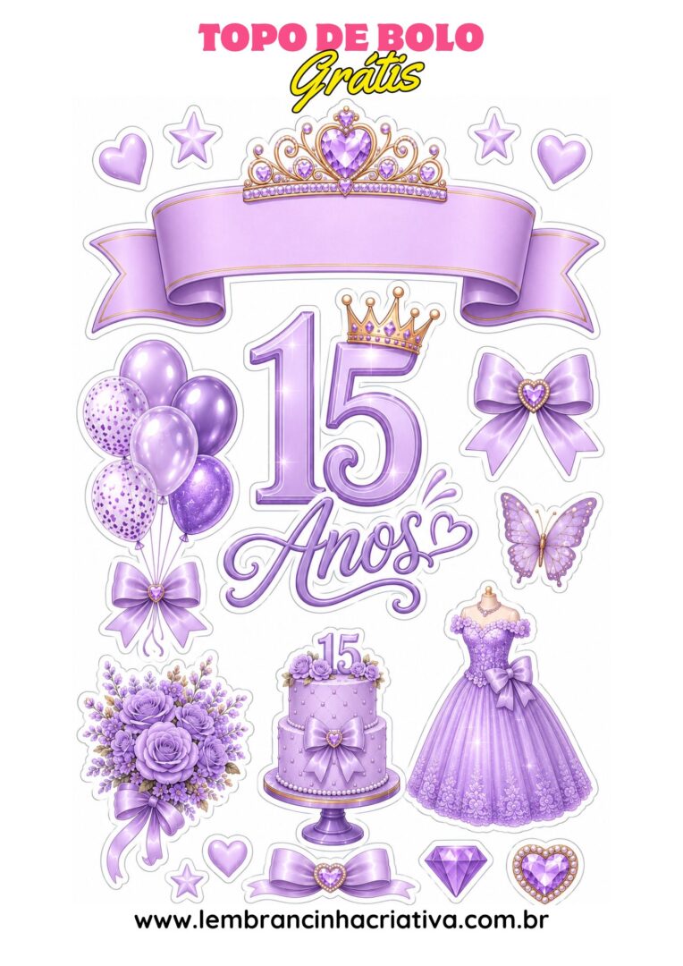 topo de bolo 15 anos lilás