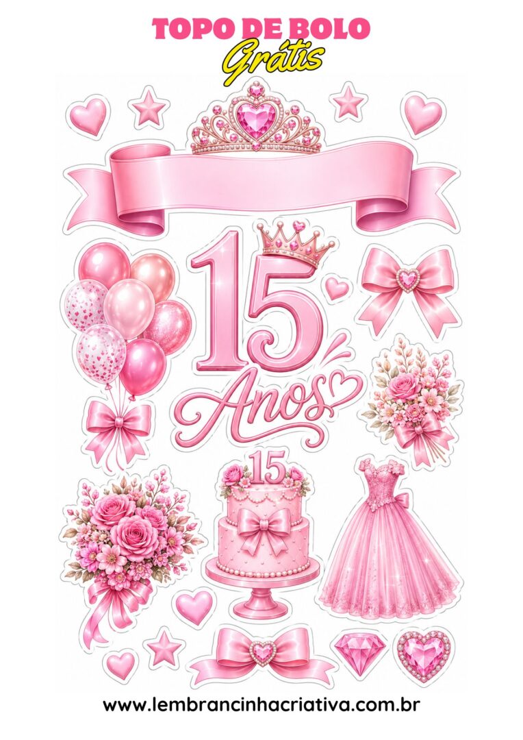 topo de bolo 15 anos rosa