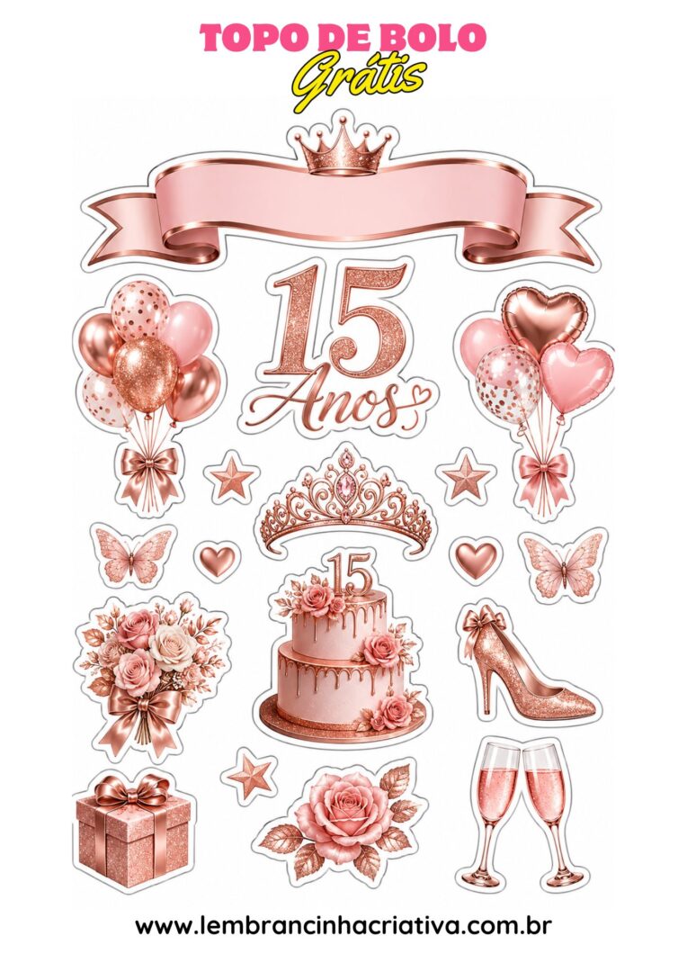 topo de bolo 15 anos rose gold